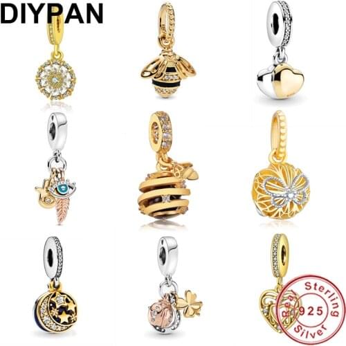Fit Original Pandora Charms Bracelet 925 Sterling Silver Gold Bee Dangle Charm Bangle Women Fashion Jewelry DIY Berloque