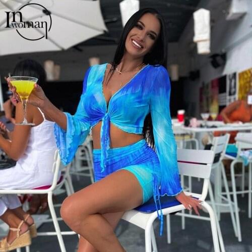 Inowman Sexy Two 2 Piece Dress Set Women Skirt Club Vacation Rave Outfits Summer Crop Top Mini Skirts Sets Womens Outfits 2021