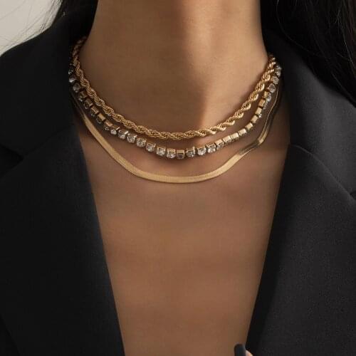 3Pcs/Set Flat Blade Snake Tennis Chain Necklace for Women Boho 2021 Vintage Rhinestone Crystal Twisted Necklace Jewelry Gifts