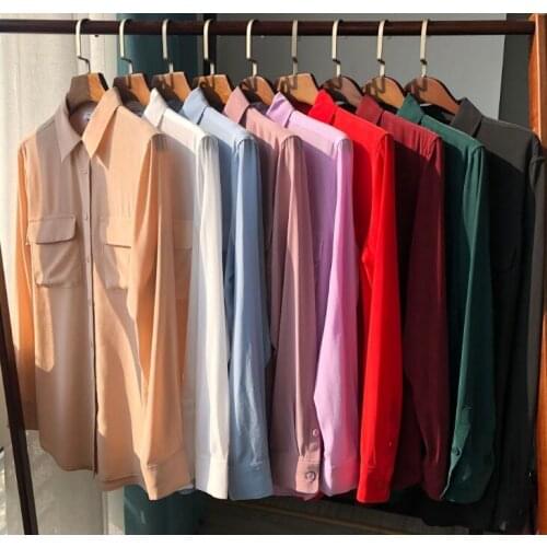 100% Silk Spring and Autumn Casual All-match Blouse Classic Double Pocket Long-sleeved Lapel Shirt Women