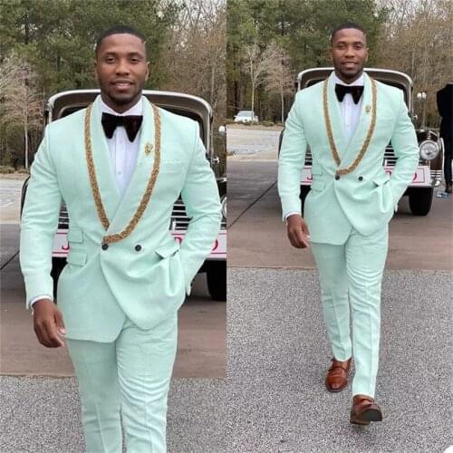 2021 New Design Light Green Double Breasted Men Suits Beading Lapel Costume Homme Slim Fit Wedding Groom Tuxedos Terno Masculino