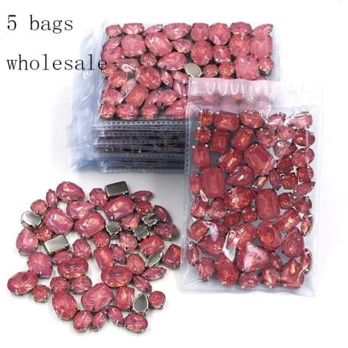 Free shipping wholesale 5 bags mixed shape pink rhinestones Resin silver base sew on rhinestones for Clothing accessories