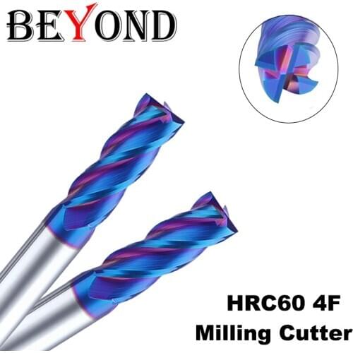 BEYOND HRC60 Blue Nanometer Tungsten Steel Milling Cutter Carbide End Mill 4 Edge Coated CNC Cutting Center Woodworking Tools