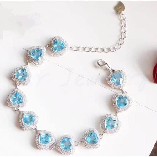 Natural blue chain bracelet Free shipping Real and natural blue topaz Fine jewelry 1*11pcs gemstone Love heart bracelet #X180509
