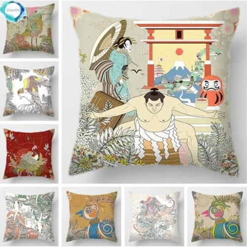Japanese Style Polyester Cushion Cover Horse Bird Flower Ethnic Decorative Throw Pillows Case for Sofa Home Decor Pillow Cover