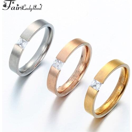 FairLadyHood Classic Shine CZ Stone Stainless Steel Engagement Ring Lovers Promise Rose Gold Rings For Women Couple Jewelry