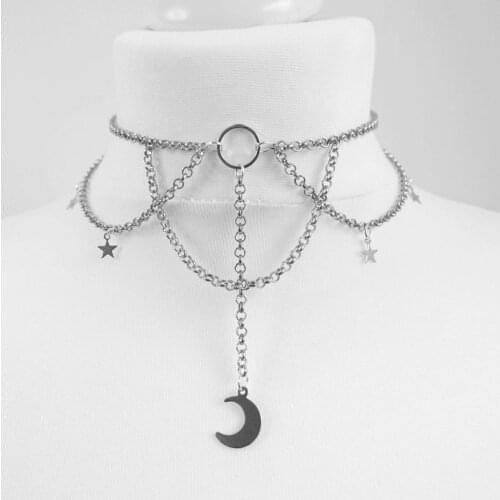 Dainty Chain Crescent Moon and Stars Choker Witch Necklace Punk Jewelry Gorgeous Women Girlfriend Gift Fashion Statement Gothic