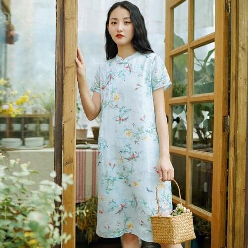 Johnature Women Vintage Print Floral Dress Stand Short Sleeve Summer Cheongsam 2021 New High Quality Chinese Style Ramie Dress