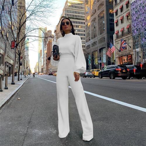 Turtleneck Lantern Sleeve Loose Rompers Womens Jumpsuit Tunic Wide Leg Flare Pants Elegant Overalls Yellow Black White Jumpsuit