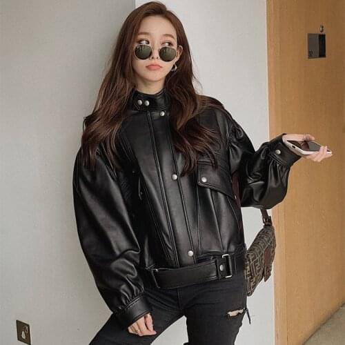 Lautaro Runway Oversized Black Soft Faux Leather Motorcycle Jacket Women Long Sleeve Loose Outerwear Spring Korean Fashion 2021