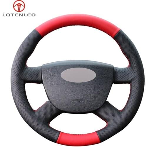 LQTENLEO Black Red Leather Car Steering Wheel Cover For Ford Kuga 2008-2011 Focus 2 2005-2011 Focus 3 2012-2014 C-MAX 2007-2010