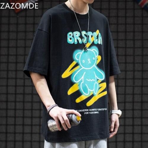 ZAZOMDE 2021 Mens Tshirt Funny Bear Printed Vintage Hip Hop Oversized Cotton Tee Casual Harajuku Streetwear Top T-shirts M-5XL