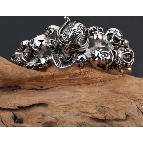 New Design 85g weight 316L Stainless Steel Mens Multi Skull skeleton Bracelet Gothic Biker Cuff Bangle Inner 2.67"