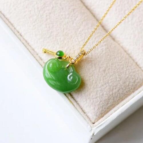 Natural Hetian Jade S925 Sterling Silver Lock of Good Wishes with Small Key Simple Classic Gilding Craft Good Luck