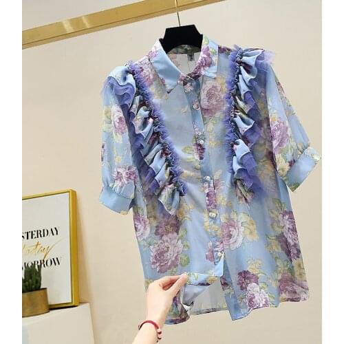 Ruffles Short Sleeve Shirt Women 2021 Summer Ladies Tops Camisas De Mujer Sweet Thin Flower Print Chiffon Shirt Button Up Tops