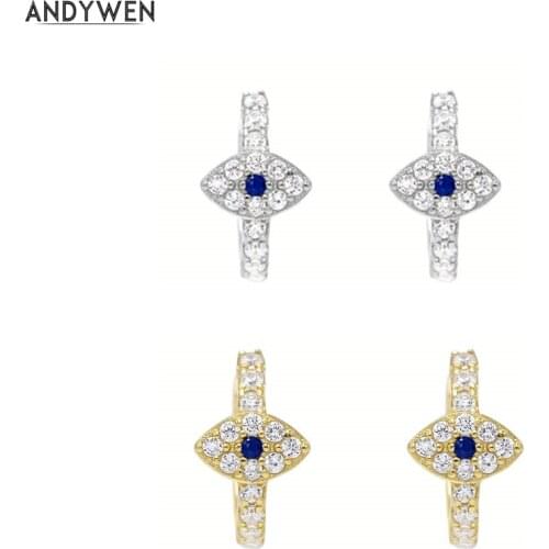 ANDYWEN 925 Sterling Silver CZ Eye Huggies Earrings 7.5mm Mini Hoops Loops Clips Crystal Blue Zircon Fashion 2020 Women Jewelry