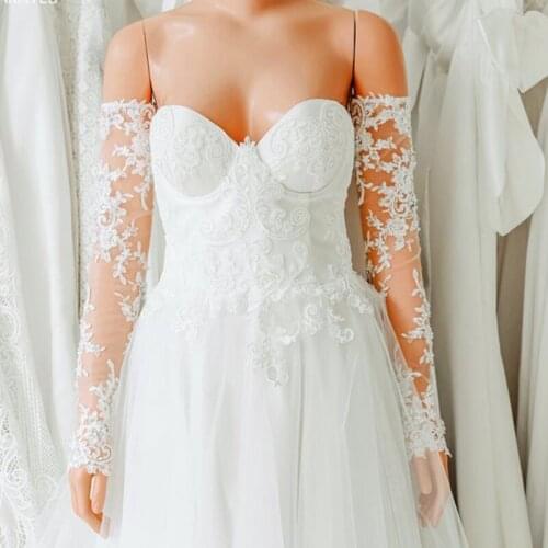 Bridal Sleeves White Pearls Rhinestone Detachable Bridal Bicep Sleeves Off-shoulder Appliqued Wedding Arm Cover Decorate Tulle