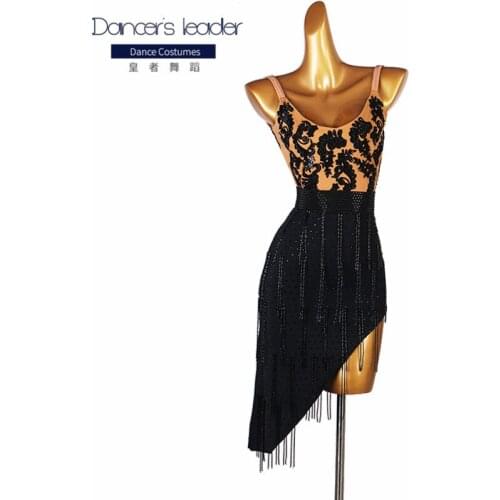 High-end Custom Latin Dance Dress Printing Beaded Fringe Dance Skirt Chacha Tango Female Adult Stage Professional Costume