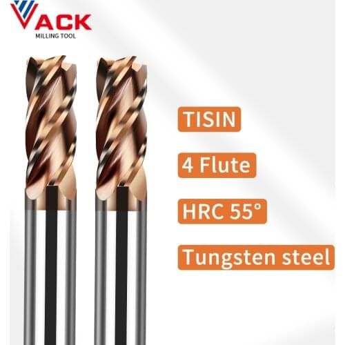 VACK HRC55 Carbide End Mill 4Flutes Milling Cutter Alloy Coating Tungsten Steel Cutting Tool CNC Maching Endmills 2 4 5 6 8 10mm