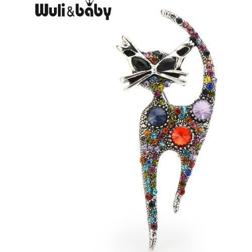 Wuli&baby Vintage Rhinstone Cat Brooches For Women Metal Multi-color Cat Animl Casual Party Brooch Pins Gifts