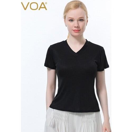 VOA Silk Knitted Thread Black Round Neck Short Sleeve Skin-friendly Slim Fashion Summer Ladies Casual Temperament T-shirt BT19
