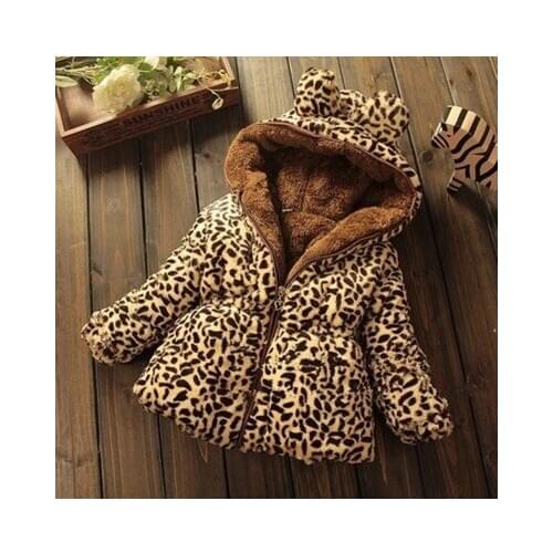 Explosion models childrens winter girls baby cotton clothes leopard thick hooded warm Slim long hair baby cotton coat