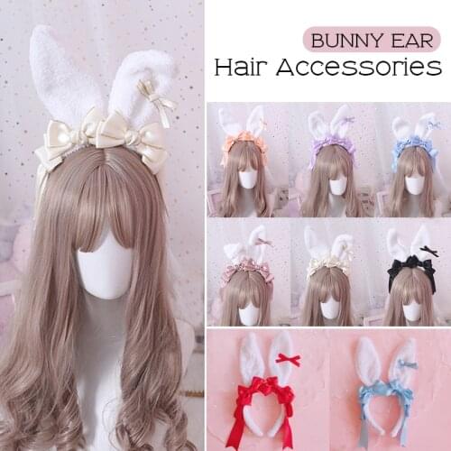 Japanese Kawaii Big Bowknot Plush Rabbit Ears Headwear Sweet Headband Cosplay Hair Band Lolita Bunny Hair Accessories