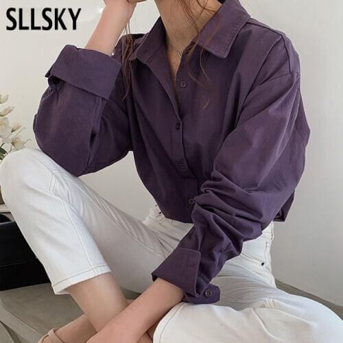 SLLSKY Vintage Turn-down Collar Women Blouse Shirts Spring Autumn New Long Female Blouse Tops Workwear Solid Loose Shirts 2020