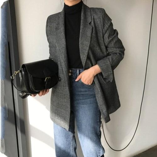 2021 Autumn New Woman Fashion Double-breasted Long Sleeves Turn Down Collar Plaid Suit Outwear OL Womens Casual Office Coat