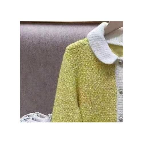 2021Autumn Winter Women Knit Cardigan Color Patchwork Peter Pan Collar Lurex Long Sleeve Single Breasted Female Sweater and Tops