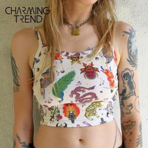 Women Thank Top Cartoon Print 2020 Summer Young Girl Slim Vest Chic Streetwear Tops Female Women Vest Soft Chic Streetwear Vest