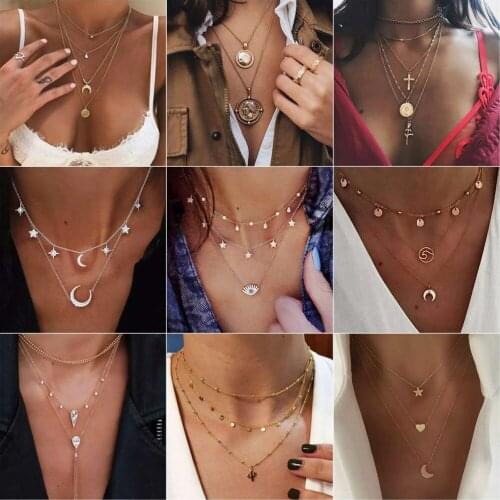 European and American Style Alloy Multilayer Necklace Female Fashion Long Cross Moon Star Geometric Clavicle Chain Pendant