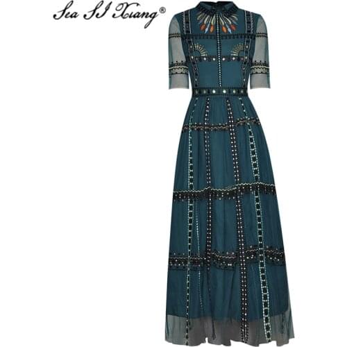 Seasixiang Fashion Designer Summer Mesh Dress Womens Short Sleeve Embroidery High waist Ball Gown Dresses