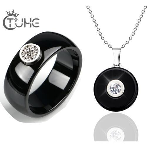 1.0 Carat Rhinestone Necklace Rings Jewelry Set for female Smooth Healthy Ceramic Jewelry Set Pendant Necklace Ring Wedding Gift