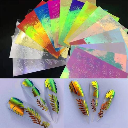 16Sheets 3D Laser Leaves Nail Art Decal Stickers Holographic Leaf Nail Sticker Holo Adhesive Strip Tape DIY Foils Manicure Decor