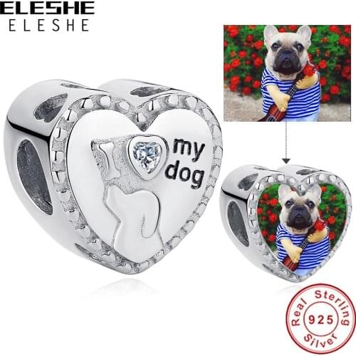 Personalized Custom Photo Silver Beads Charms Cute Dog CZ Heart Bead Sterling Silver 925 Original Charm Bracelets Jewelry Making