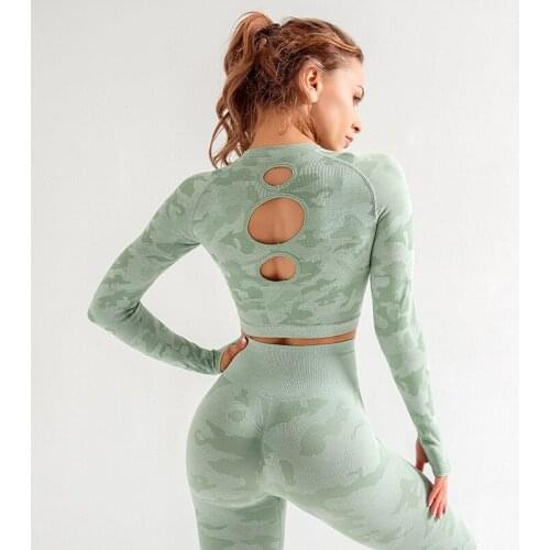 Camo Seamless Yoga Shirts Women Gym Crop Top Long Sleeves Running Sport T-Shirts Women Fitness Yoga Top Workout Tops