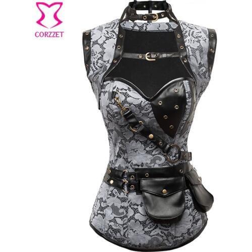 Silver Brocade Steampunk Corset 6XL Steel Boned Corpetes E Espartilhos Corsets With Jacket Belt Burlesque Outfit Gothic Clothing