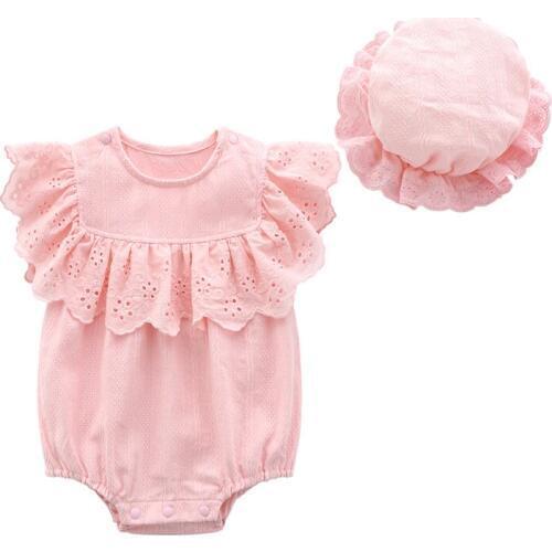 Summer Ruffles Hollow Flowers Newborn Baby Girl Jumpsuits Clothes Sleevelss Girl Bodysuit + Hat Cute Clothing Set