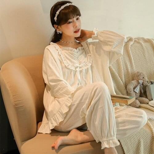 Princess Sweet Pajamas Women Autumn Winter Cotton Sleepwear Set New Long Sleeve Trousers Pijamas Suit Black/White Homewear