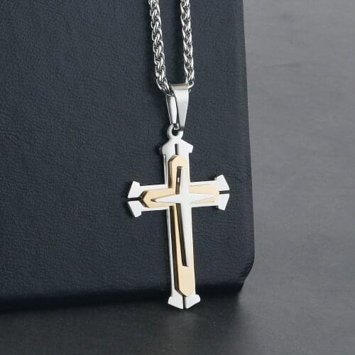 Mens Cross Necklace Gold Silver Color Cross Pendant Stainless Steel Link Chain Necklace 2019 Hip Hop Male Jewelry Quality MN211