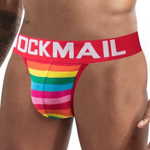 JOCKMAIL New Mens Sexy Seamless Jockstrap Athletic Supporter Rainbow Striped Underwear Back Hallow Gym Workout Strap Briefs