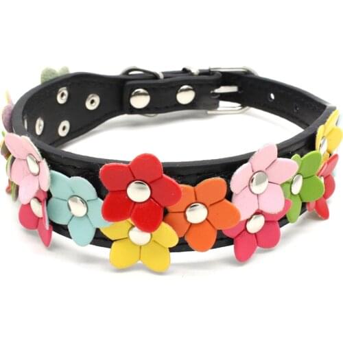 PU Leather Colorful Flower Studded Pet Dog Collar Puppy Cat Double Row Cute Adjustable Neck Strap Necklace Pet Accessories