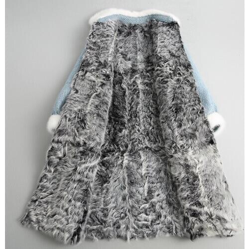 Luxury Real Coat Female Long Natural Lamb Lining 2020 Women Winter Tweed Woolen Coats Mink Fur Collar 18606