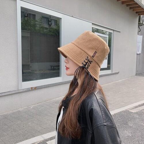Reversible Spring Summer Pure Color Womens Bucket Hat Wide Brim Outdoor Beach Sun Cap Women Fisherman Hats Lace-up