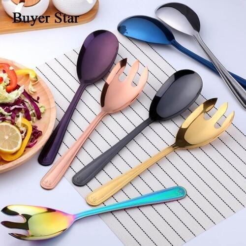 Buyer Star Salad Utensils Stainless Steel 18/10 Kitchen Dishes Dinnerware Pearled Edge Tabletop Large Size Spork and Spoon