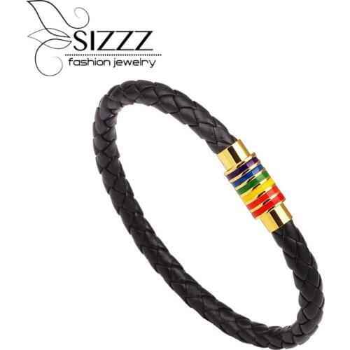 SIZZZ 23.2cm Long Europe And The United States Gay Knitting Leather Rainbow Colorful Bracelet Bangles For Men/Women