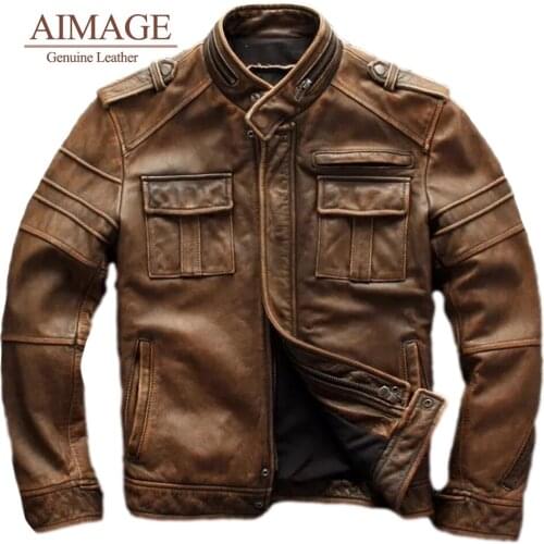S-5XL Vintage Winter Men Jacket Cow Leather Coat Motorcycle Genuine Leather Jacket Fall Fashion Mens Clothing 2021