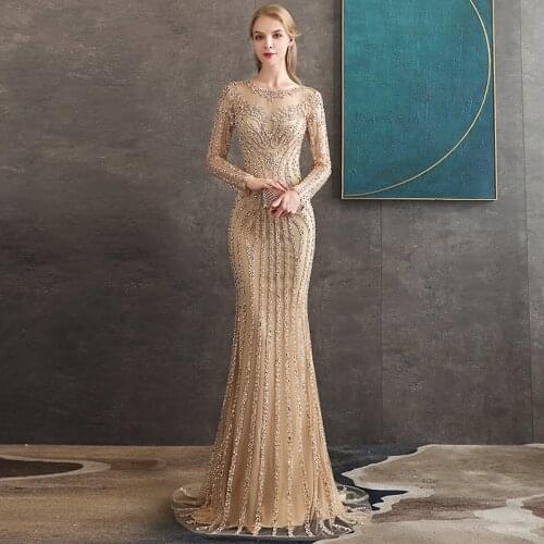 Sexy Mermaid Scalloped-Neck Evening Dress Glitter Silver Rhinestones Formal Gown Illusion Back Long Sleeve Pageant Dress