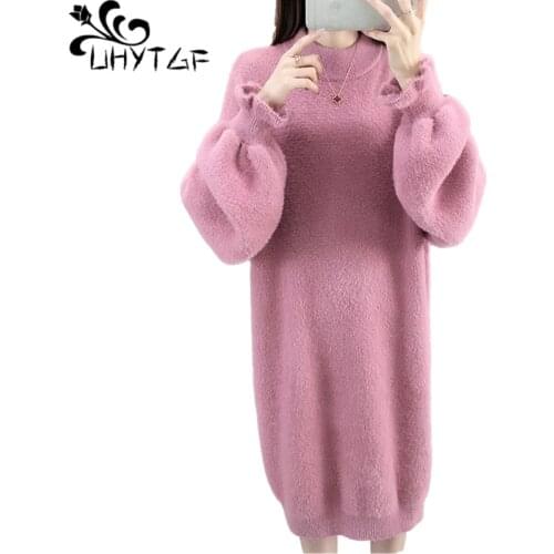 UHYTGF Quality Mink Fleece Sweaters Women Mid-Length Casual Warm Bottoming Skirt Lantern Sleeve Pullover Knit Dress Genuine 1176